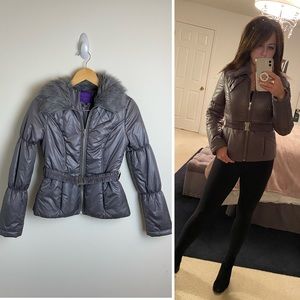 FOREVER 21 Belted Puffer Coat Faux Fur Lapel Grey SMALL